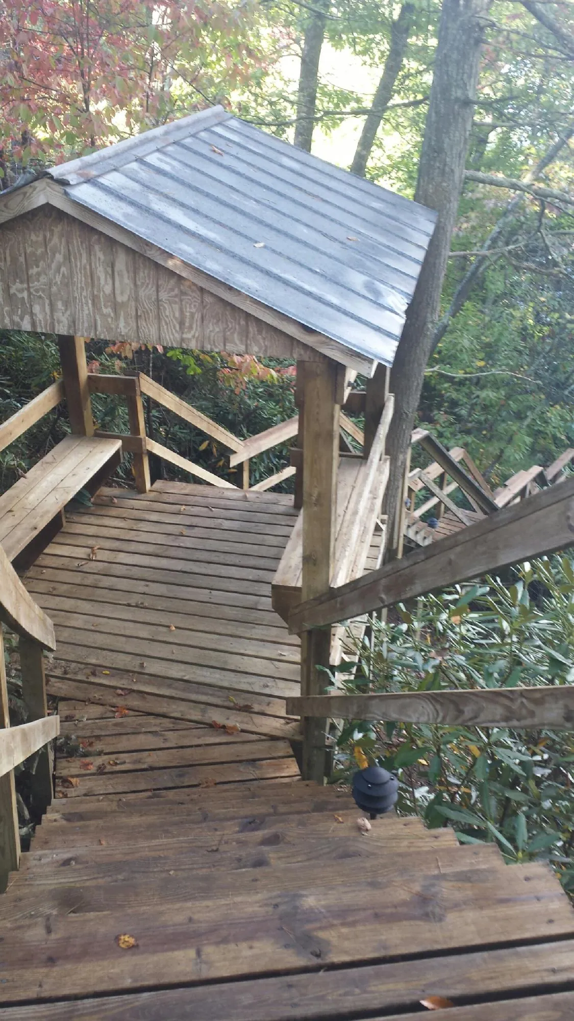 Metal roofed shelter over wooden steps on a wooded walkway — Skylight Repair & Installation work by our crew in Pfafftown
